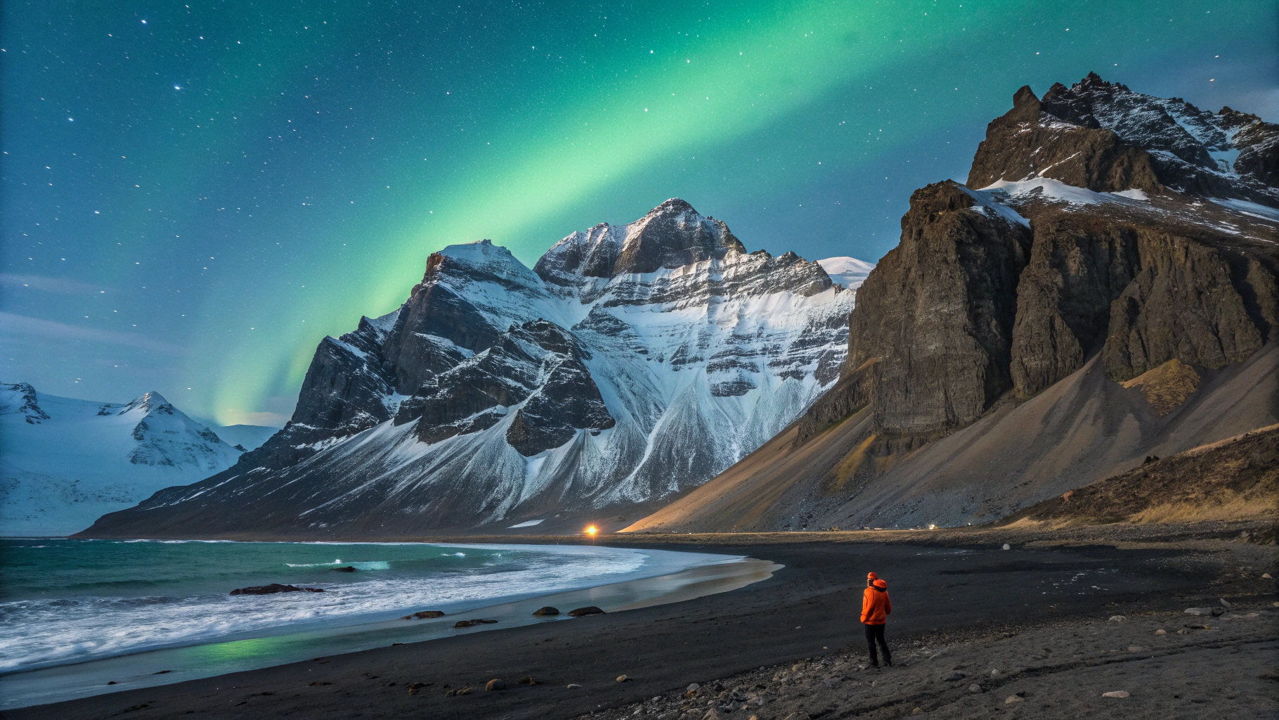 Volcanic coastline and icy ocean exploration landscape
